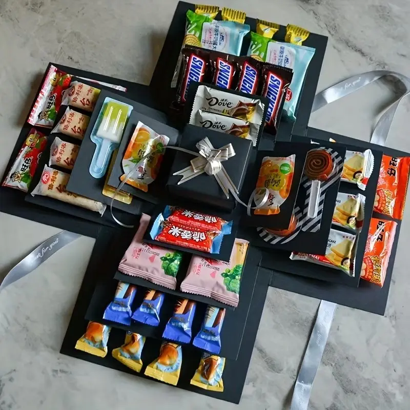 5-Story Surprise Explosion Gift Box with Ribbon, Multi-Pocket Assorted Snack Gift Set & Candy Storage, Perfect for Birthdays, Festivals, Holidays