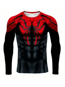 Men's Tight Fit Long Sleeve Cartoon Spider Role Play T-Shirt, Elastic Fitness Sports Top, Casual Loose-Fit All-Season Wear