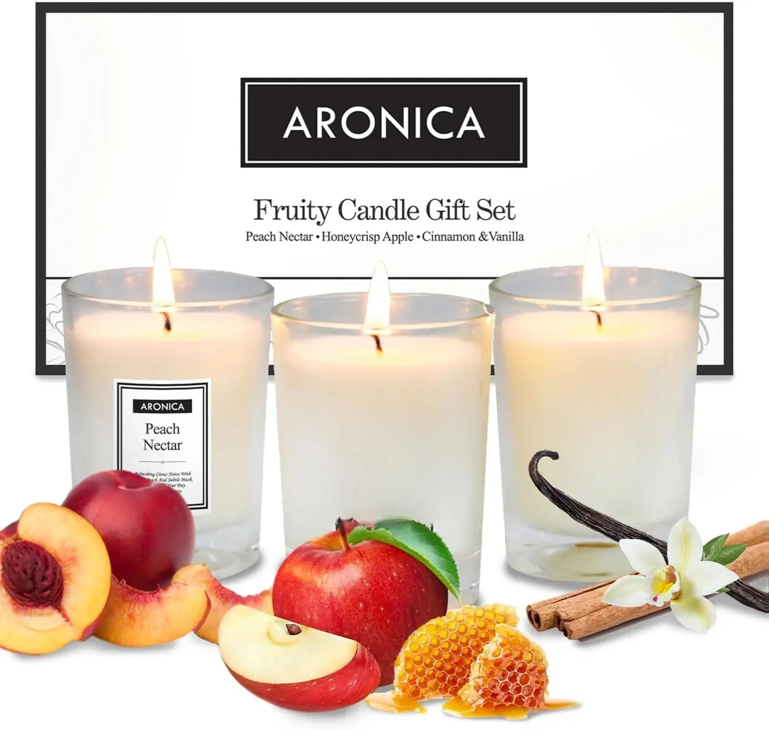 Aronica Fresh Fruity Candles Gift Set - Honeycrisp Apple, Peach Nectar, Cinnamon Vanilla, Baby Shower Game Prizes for Women Friend, Small Fall Scented Bathroom Candles Set for Warmer