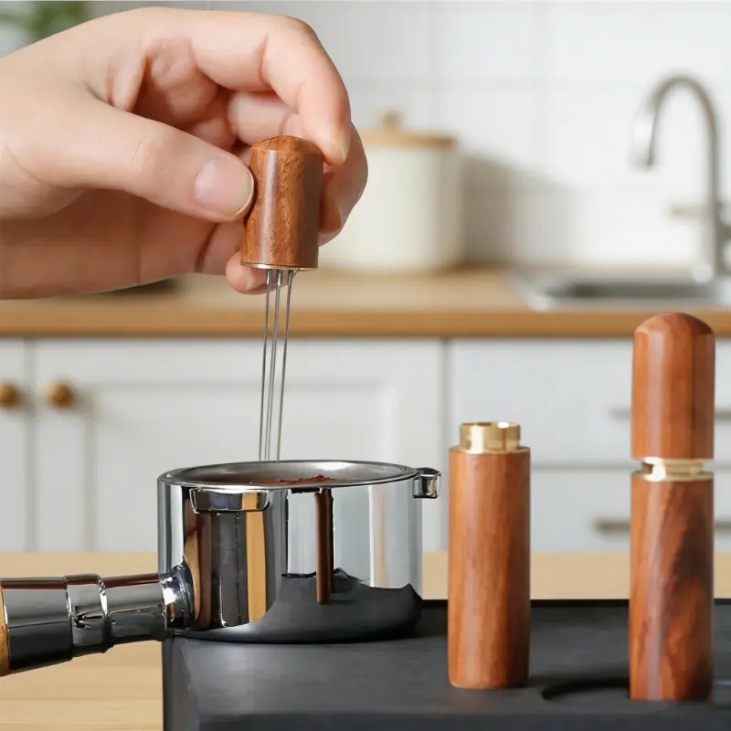 2pcs Espresso Coffee Stirrer Distributor Needle, Coffee Powder Tamper Tool, Premium Stainless Steel Espresso Tamper & Leveler,Portable Mini Powder Dispenser,Wooden Handle Coffee Powder Distributor, Coffee Whisk