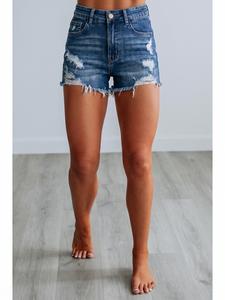 Women's Denim Shorts Bottoms Multi-Craft Fold Design Deep Blue Elastic Simple Versatile Slim Fit, Casual Plain Shorts for All Seasons