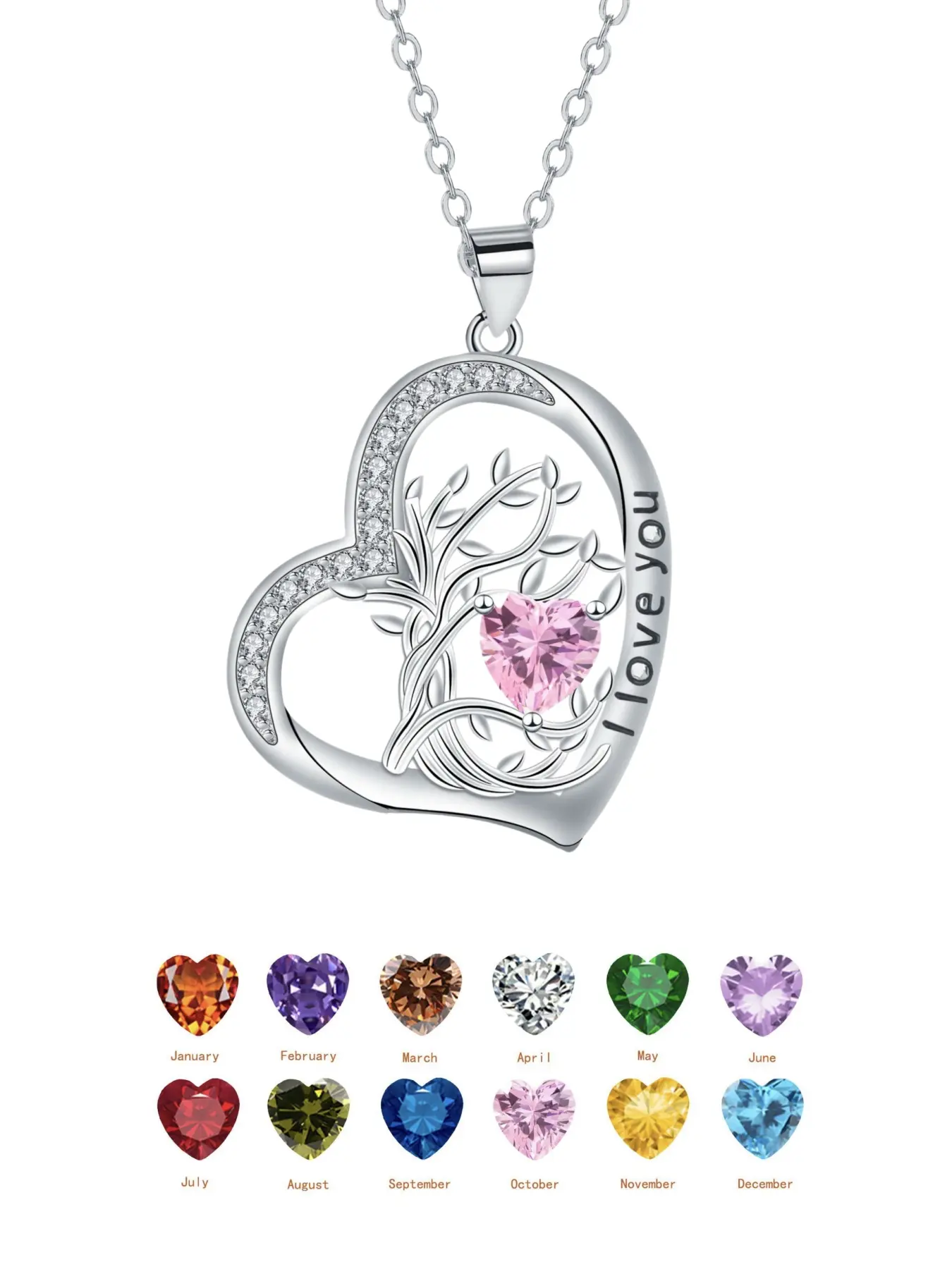 Personalized Birthstone Heart Necklace - Tree of Life Pendant with "I Love You", Exquisite Jewelry Gift, Gifts for Mom, Wife, Girlfriend, Daughter, Birthday, Anniversary, Christmas, Custom Jewelry, Fashion Jewelry, Heart Shaped Necklace