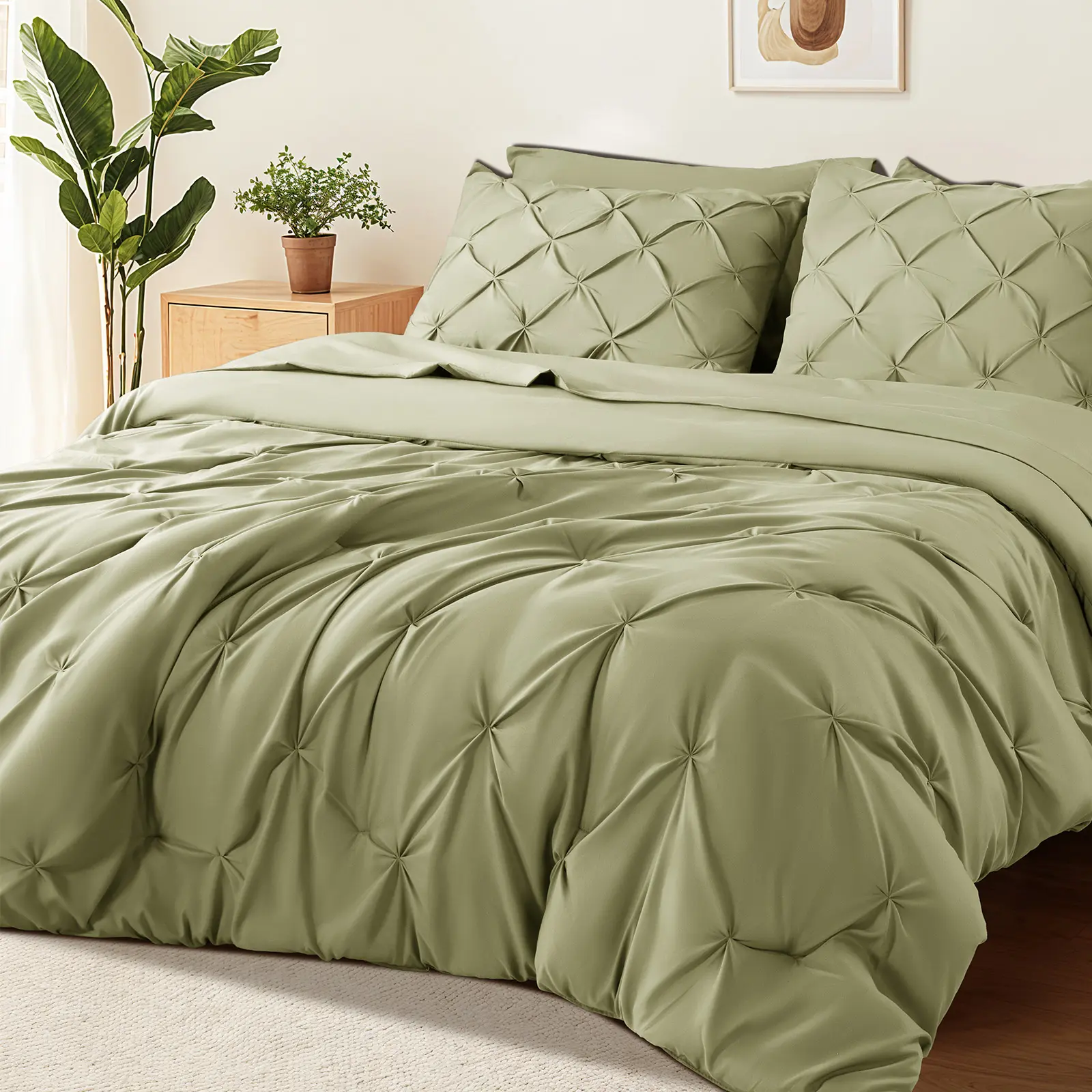 Sonoro Kate 7-Piece Modern Calm Bedding Set – Sage Green Pintuck Detail All-Season Comforter Set King with Soft Sheets, Pillowcases, and Decorative Shams, Bed Set, Cozy Setup