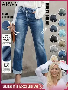 Susan's Exclusive Women's Casual Washed Distressed Asymmetric Waist Denim Jeans, Fitted Long Regular Pants, Button Fly, Natural Waist, All Seasons