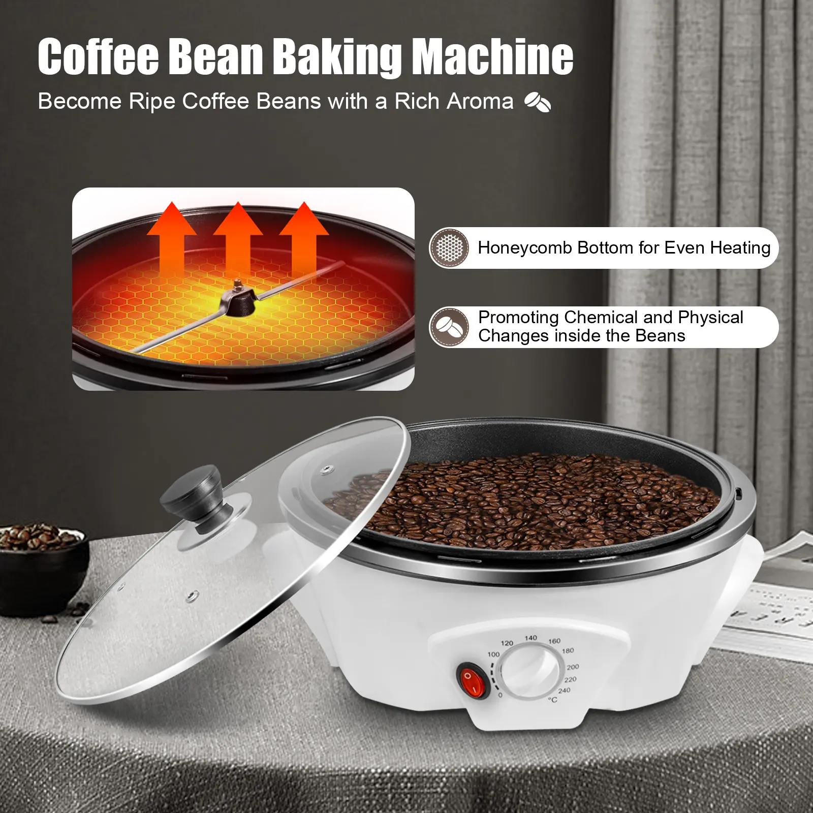 800W Coffee Bean Baking Machine with Coffee Brewer Function, 1.1lbs Capacity, Adjustable Temperature, Easy-to-Clean Design, Easy Mobility