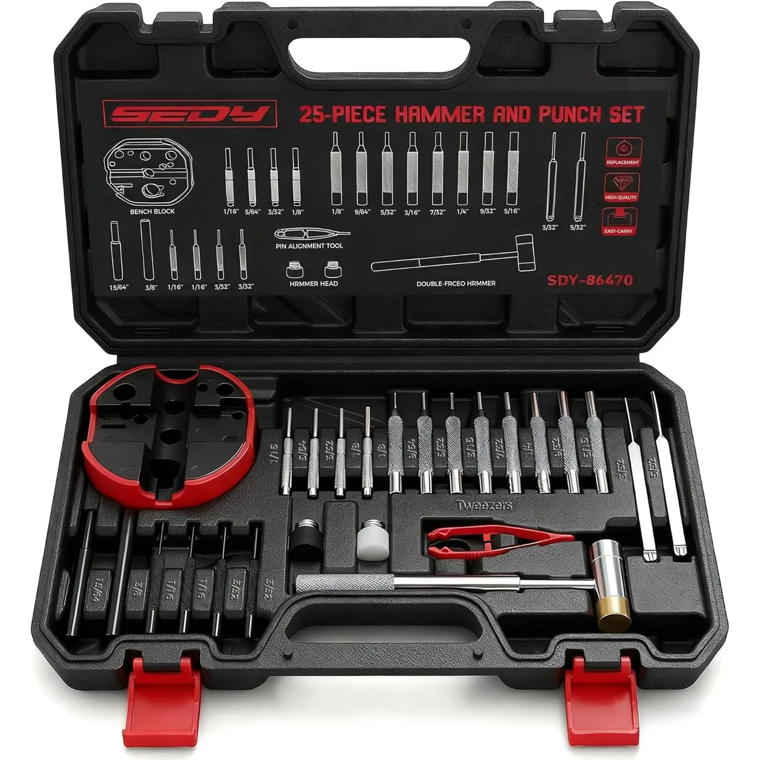 Pin Punch Hammer Set: 25- Punch Set and Hammer with Bench Block, Steel Roll Pin Punch Set, Pin Punches with Replaceable  Hammer, Mechanical Repair Tool for Maintenance