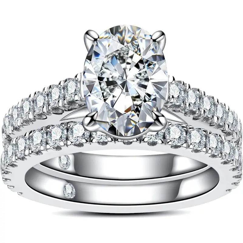 S925 Sterling Silver Crystal Moissanite Bridal Set, 3CT 8*10 Oval Cut Elegant Ring with Hidden Matching Couple Theme Eternity Band, Hypoallergenic 4-Claw Engagement & Wedding Ring