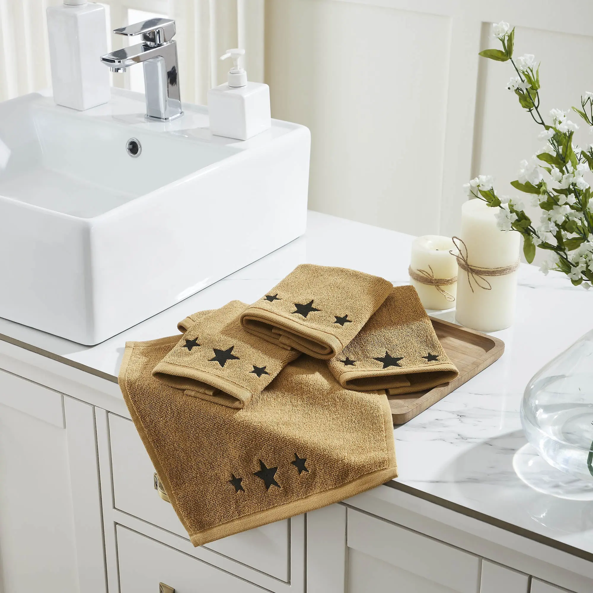 Farmhouse Black Stars Embroidered Bath Towels & Washcloths, Decorative Absorbent Drying Towels for Bath Day
