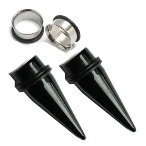 Pair Black Acrylic Tapers AND Surgical Steel Tunnels - Choose size 00g-1 inch  7/16 1/2 9/16 5/8 3/4 7/8 Ear Stretching Kit