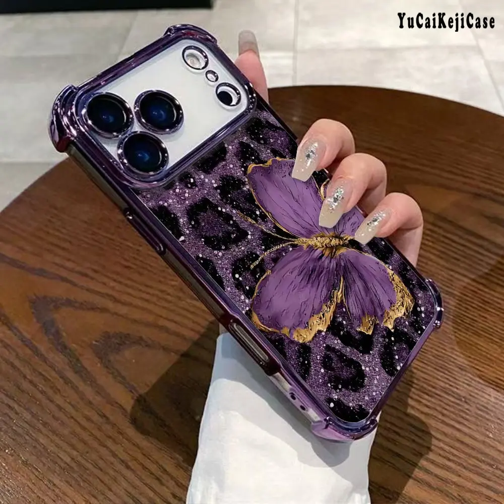 Purple butterfly Pattern Creative Design Exquisite Electroplating TPU Shell Suitable For IPhone 17 16 15 14 13 12 11 PRO PLUS MAX AIR Four-corner Drop-proof Transparent Casual Soft Silicone Mobile Phone Case Protective