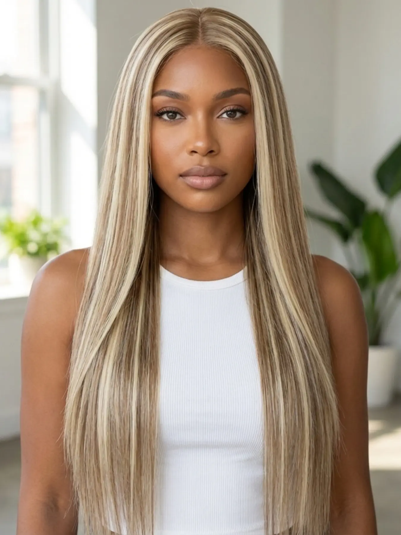Highlight Long Hair Front Lace Highlights Gold, 13x4 HD Lace, 26 Inch Length, High-Quality Straight Synthetic Wig, Lace Frontal Wigs, Realistic Illusion Hairline