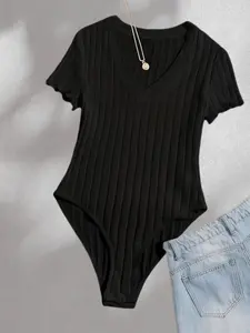 Women's Ribbed Jumpsuit, V-Neck Short Sleeve Slim Fit Outerwear, Tight-Fitting One-Piece, Stylish, Casual and Comfortable Bodysuit