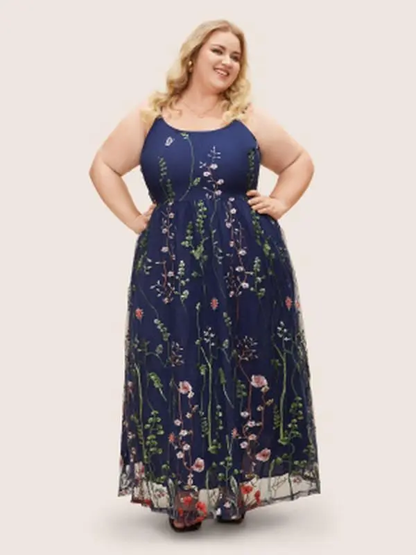 【Pocket Approved】 BLOOMCHIC U Neck Floral Embroidered Mesh Cami Maxi Dress Sleeveless Spaghetti Strap Side Seam Pocket Summer Formal Parties Dark Blue Black Dark Green Green Bean Elegant Fit Style Womenswear Swimweek, Summerfinds