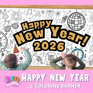 New Years Coloring Banner | Happy New Year| Countdown, Clock, Party, and Confetti | Giant Coloring Banner Paper Tablecloth Table runner