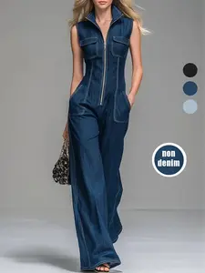 New Spring Summer Vintage Casual Denim Jumpsuit, Sleeveless Design, Wide Leg Pants, Slimming High Waist, Fashionable One-Piece