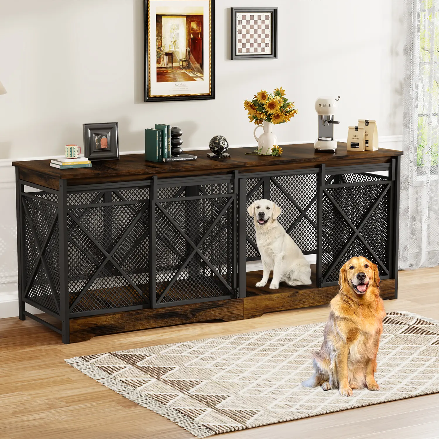 COZPAW 78" Dog Crate Furniture for 2 Dogs,Extra Large Breed Double Chew-Resistant Indoor Pet House,Heavy Duty Wooden XXL Large Kennel, Enclosure Enclosed,Furniture Style XL Dog Cage, Max 300lbs Capacity (Brown)