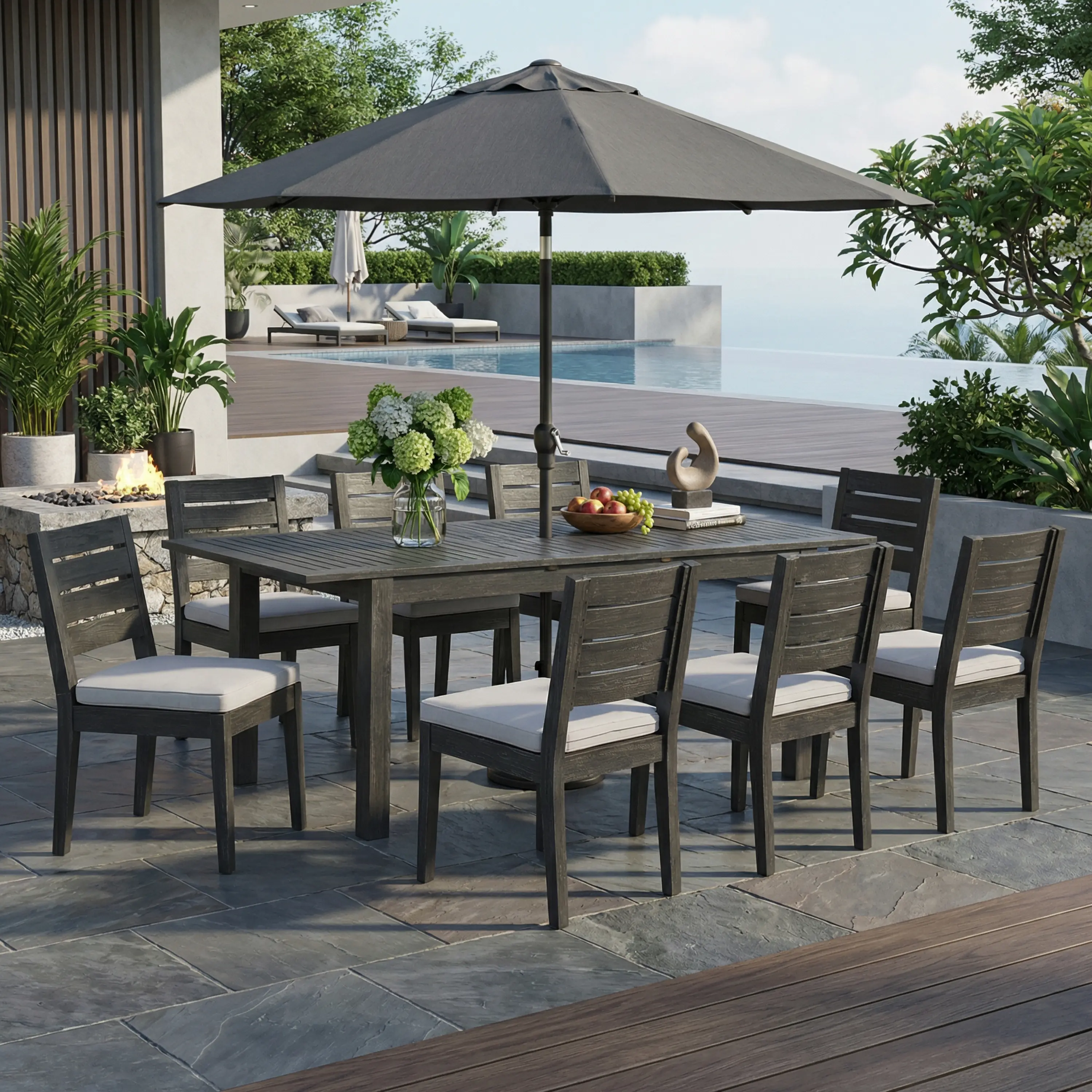 9-Piece Outdoor Dining Set Extendable Acacia Wood Patio Table with Umbrella Hole 8 Water-Repellent Cushion Armless Dining Chairs Sandblast Dark Grey Finish for Garden Backyard Poolside Balcony, Dining Room Chairs for Kitchen, Dining Room