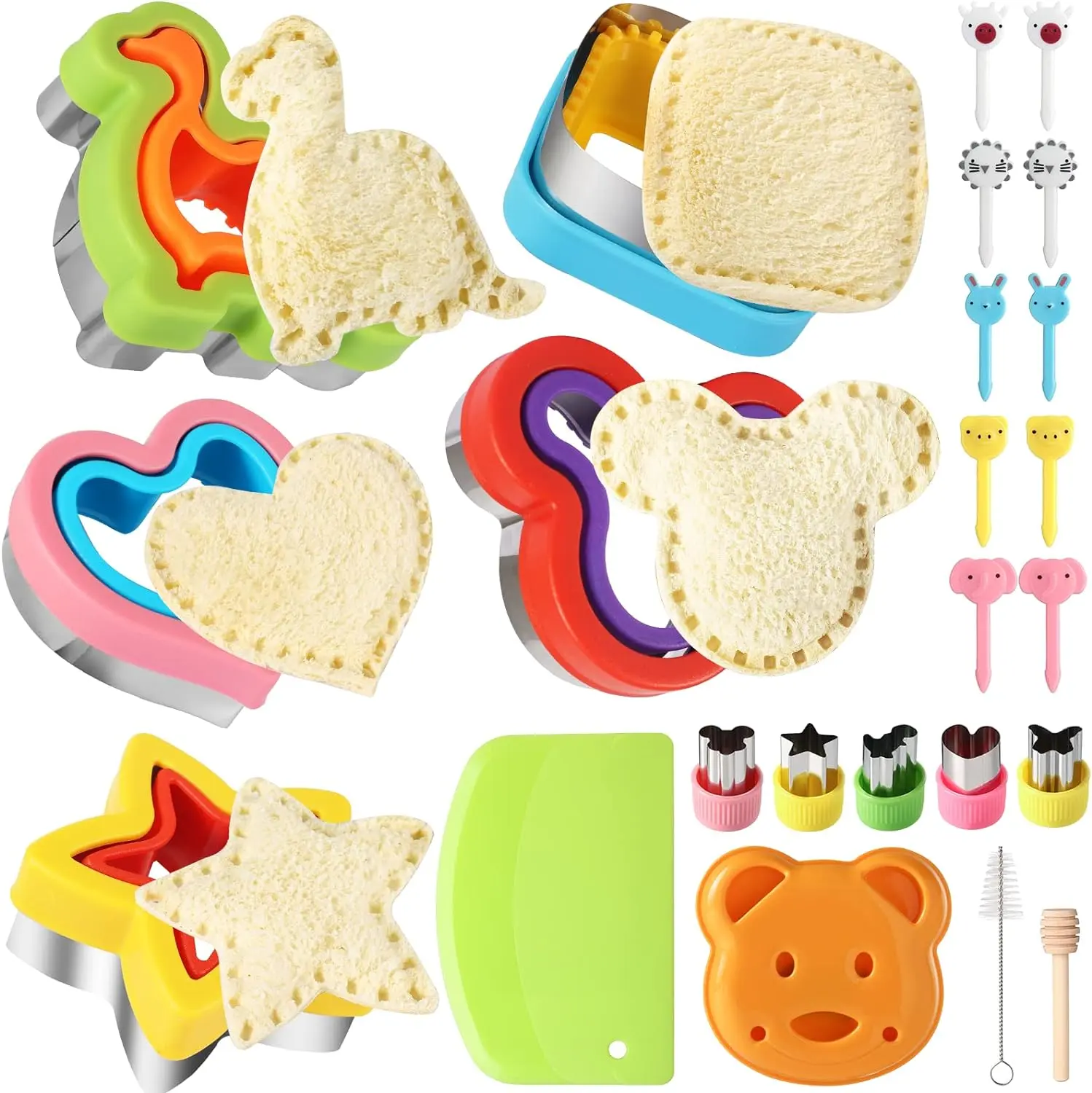 24Pcs Sandwich Cutter and Sealer Set Bread Sandwich Cutter Pancake Maker Heart Square Dinosaur Start Shaper,etc (24) Fruit Kids Mold Plastic
