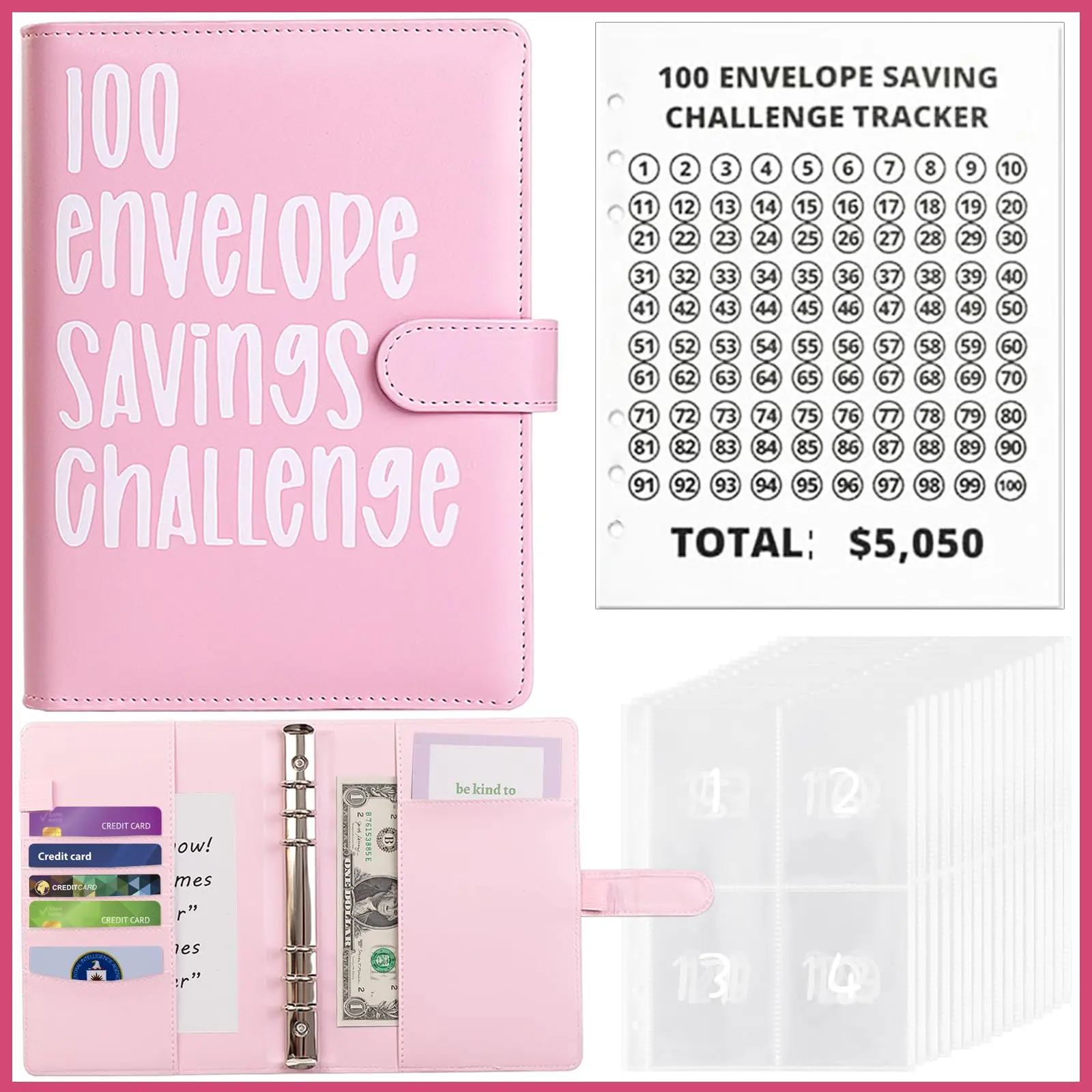 【CLOUDSEA】100 Envelopes Money Saving Challenge, A5 Money Saving Budget Binder with Cash Envelopes, Saving Challenge Book - Easy and Fun Way to Save $5,050
