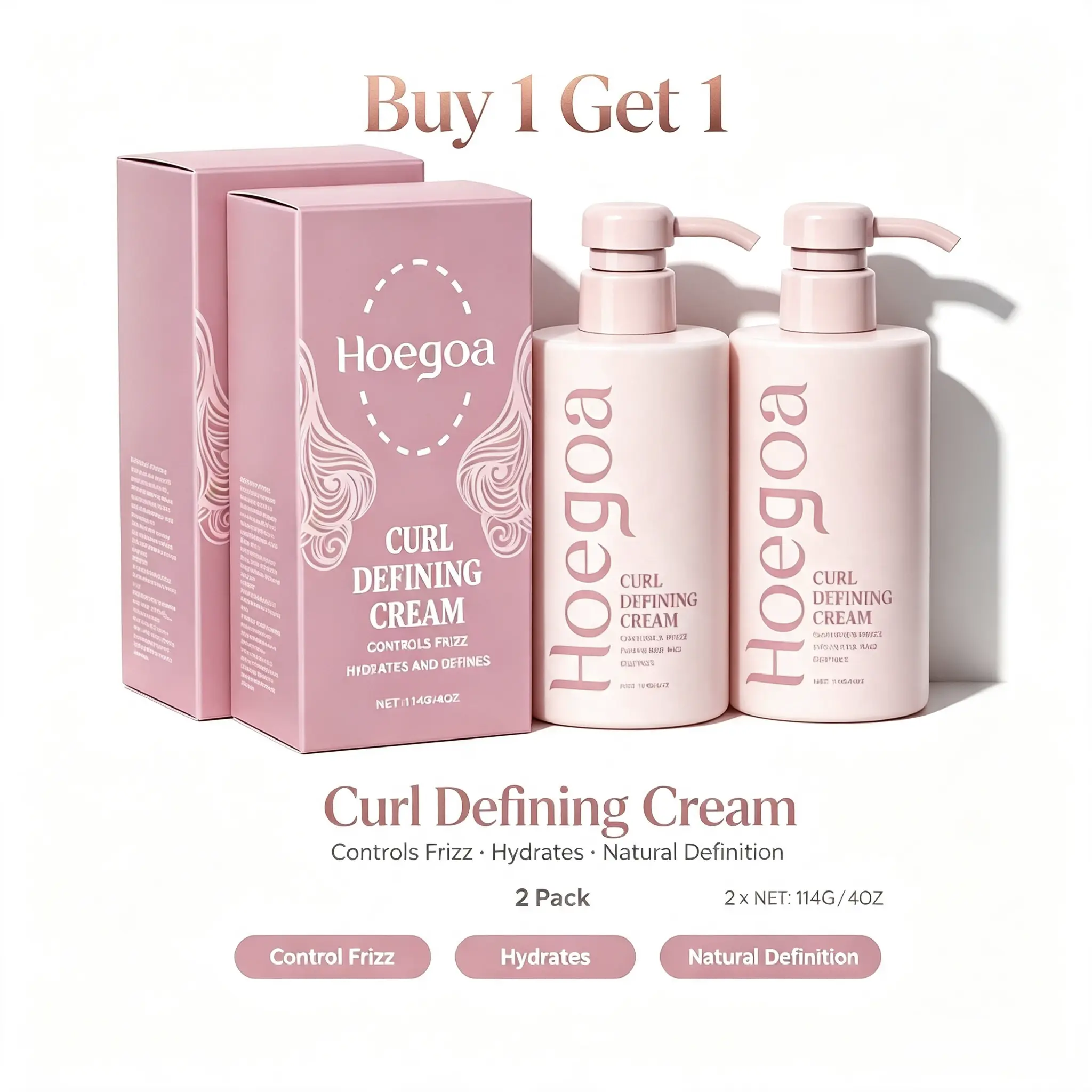 Buy 1 get 1 Hoegoa Curl Defining Cream, Hydrating Frizz Control Moisturizer for Natural Curls with Soft Hold & Shine Boost, Detangling Styling Gel, 4oz/114g Curly Haircare Hydrates Curls Hair Styling Gel Moisture Gentle Nourishing Smooth Radiant