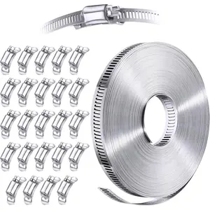 304 Stainless Steel Hose Clamp  Kit DIY, Cut-To-Fit 50 FT Metal Strap+24 Stronger Fasteners, Large Adjustable Worm Gear Hose Clamps Screw Clamps Duct Pipe Metal Clamp Strapping