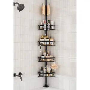 Rustproof Corner Shower  Tension Pole, 4 Large Baskets for Bathtub Shampoo Storage Organizer Bathroom Height Adjustable Shelves from 23.6 to 114.5 Inch with Towel Bar