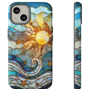 Wave Beach Sunset Stained Glass Printed Tough Phone Case for iPhone 11-16. Sun Waves Print Fashion Trendy.