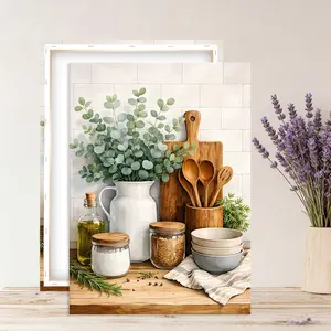 Farmhouse kitchen themed wooden framed canvas wall covering, rustic cooking still life, botanical art, cozy home illustration, suitable for bedroom, living room, and kitchen decoration.