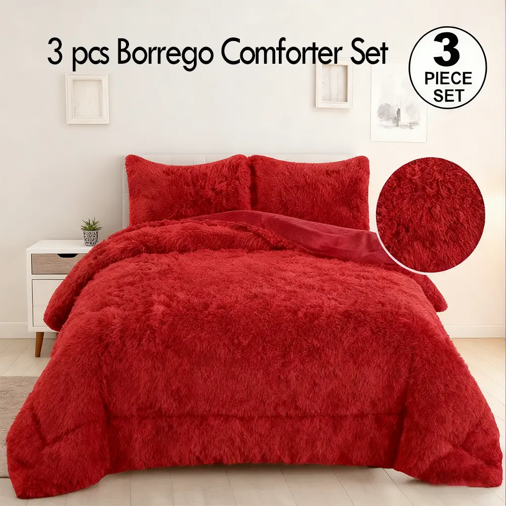 3pc Solid Color Shaggy Comforter Set - Luxury PV Faux Fur, Velvet Back Luxe, Soft Minky Fleece, Reversible Warm Winter Quilt, Cozy Aesthetic, Matched Pillow Set, Modern Marble Room Decor, Christmas Gift, Queen/King/California Sizes, Local Warehouse