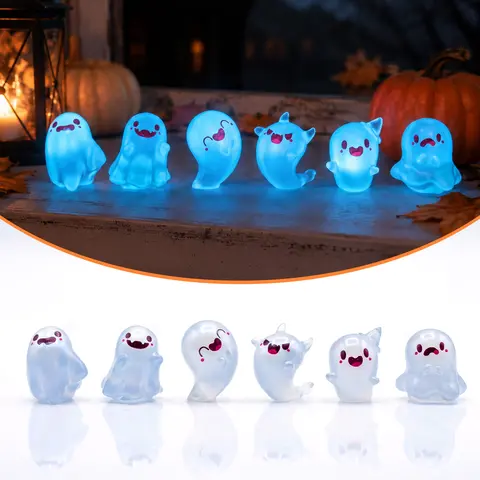 BMTWE 6 PCS Luminous Ghost Figurines, Cute Mini Resin Ornaments, Glow in The Dark Tiny Ghost Decor for Car Dashboard, Desk, DIY Micro Landscape