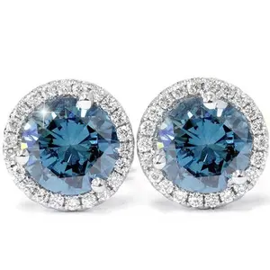2 1/10ct Blue & White Diamond Halo Studs 10K White Gold Lab Grown