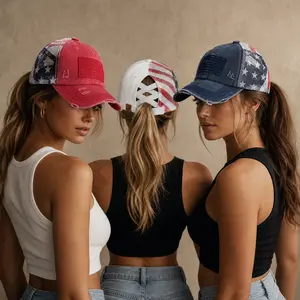 C.C Patriotic Adjustable Women’s Baseball Cap Cotton Brushed Embroidered Hat with Criss-Cross Elastic Band American Flag Mesh Back Durable Accessory Fit Mother's Day Gift