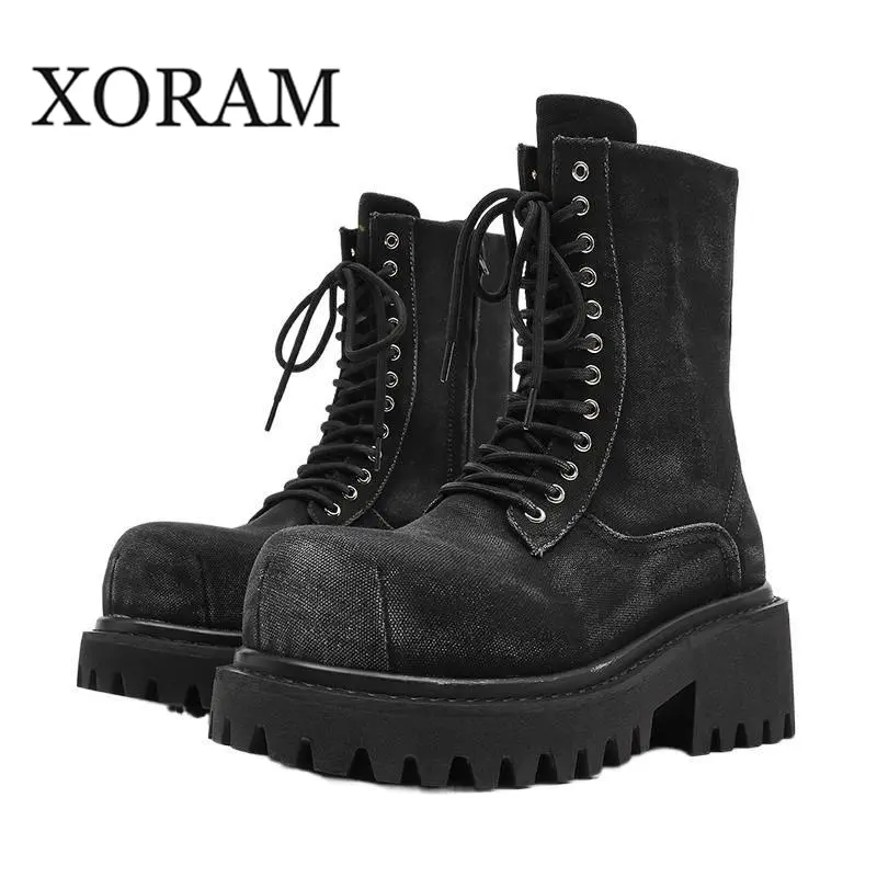 XORAM Men's Shoes New Style Invisible Hidden Heel 10cm Boots Personality Handsome Thick Sole High Top Retro Work Boots 23395-K Footwear Leather