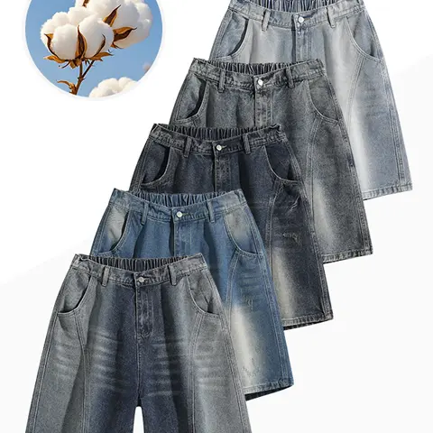 Men's Vintage Retro Denim Shorts - Premium Cotton Blend Stretch Fabric, Oversized Loose Straight Leg Soft Basic Knee-Length Shorts for Summer Street Daily Outfits, Patchwork Design