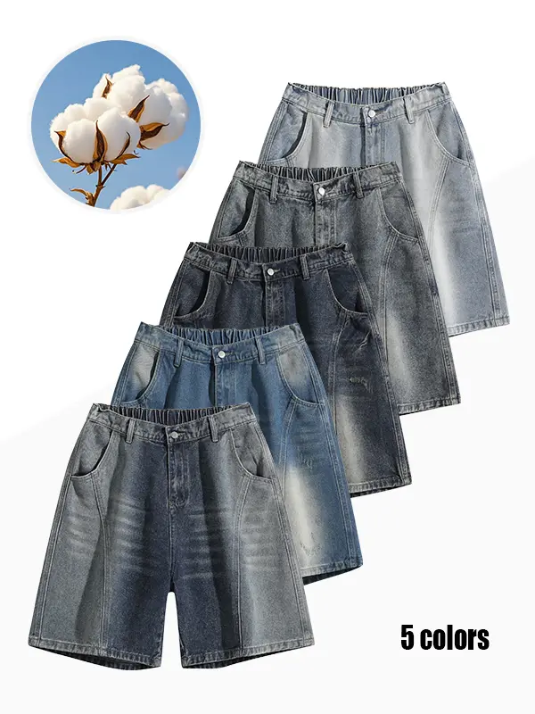 Vintage  Denim Shorts for Men Premium Cotton Blend Fabric,  Oversized Loose Straight Leg Fit Comfort Jean Shorts, Lightweight Casual Knee-Length Shorts for Summer Street Daily Outfits