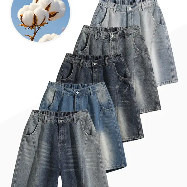Men's Vintage Retro Denim Shorts - Premium Cotton Blend Stretch Fabric, Oversized Loose Straight Leg Soft Basic Knee-Length Shorts for Summer Street Daily Outfits, Patchwork Design