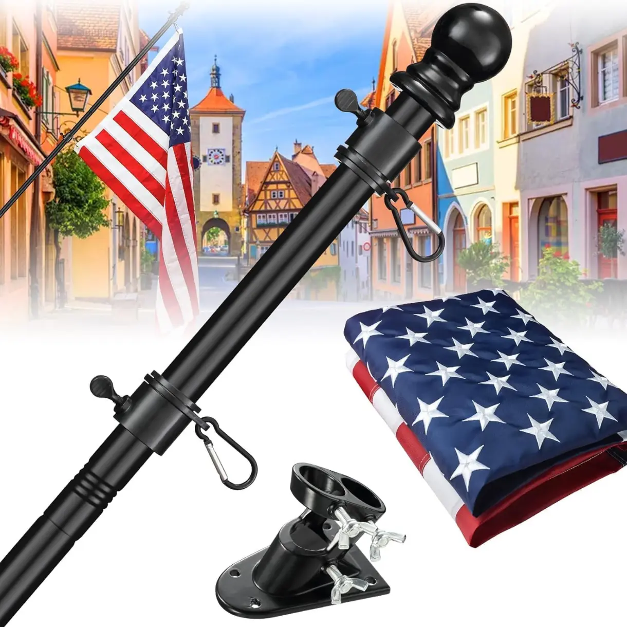 Flag Pole Kit with 3x5 US Flag - Includes 6ft Heavy Duty Tangle Free Flagpole,Weather Resistant 3x5 Embroidered American Flag,Aluminum Holder Bracket,for Outside House,Porch,Outdoor