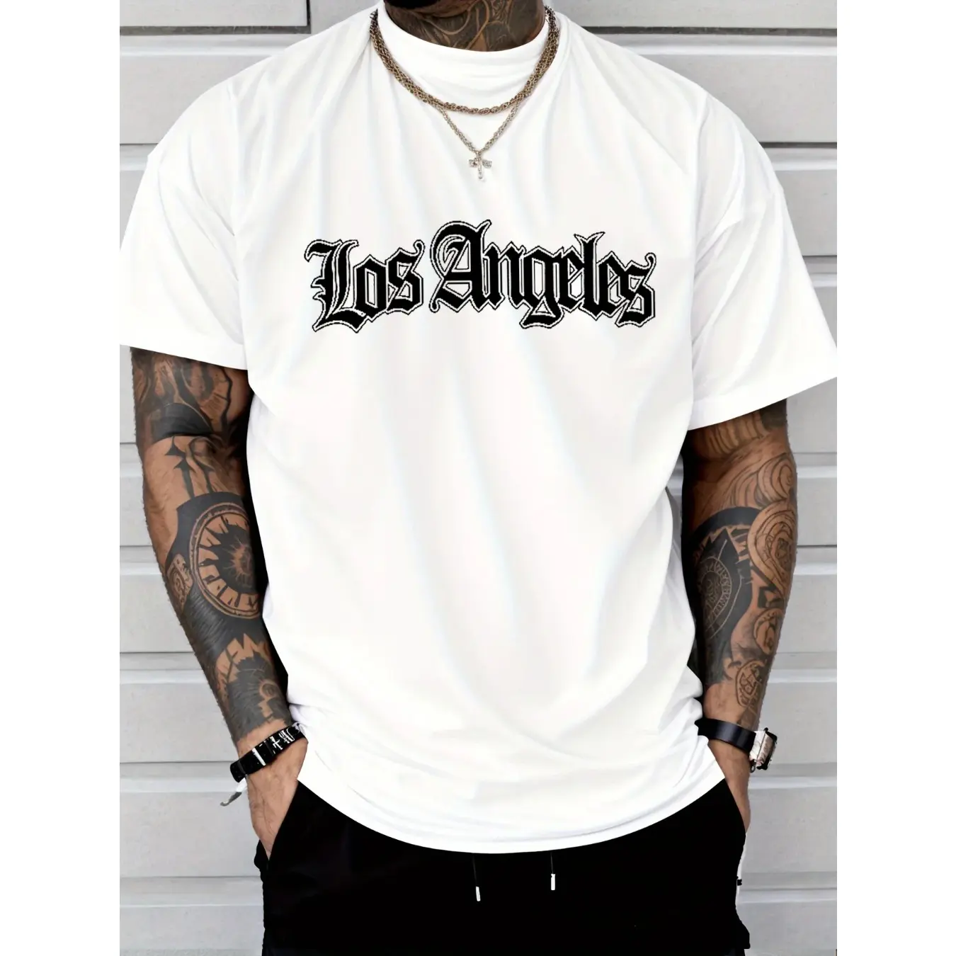 Men's summer  fashionable casual loose plus size Los Angeles letter printed sports round neck short sleeved T-shirt