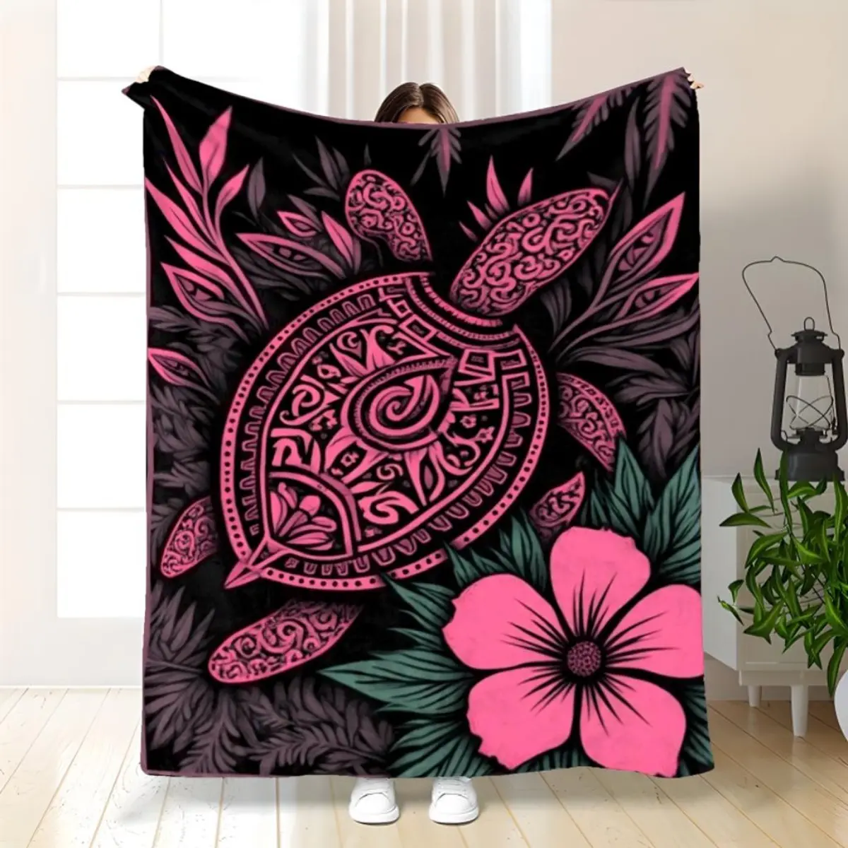 Polynesian Turtle-Hibiscus Flannel Polyester Throw Blanket - Lightweight All-Season Samoan Tropical Design, Bedspread/Couch Cover for Hawaiian Home Decor, Father's Day-Valentine Gifts for Child, Watch Party-Housewarming Essentials, 60*80In(Adult Size), Ro