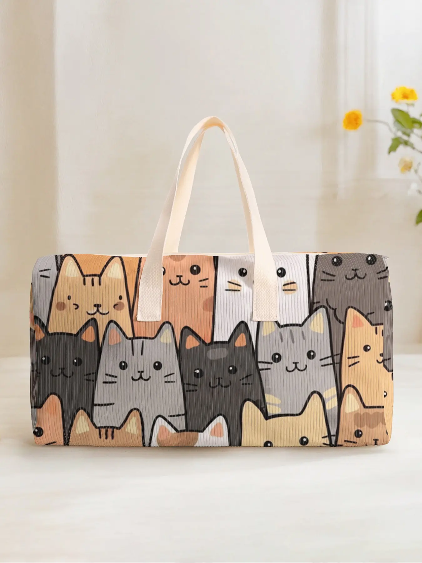 Large Capacity Corduroy Travel Duffel Bag, Cat Print Casual Weekender Bag, Perfect for Weekend Getaways & Daily Commuting, Fashionable Duffel Bag