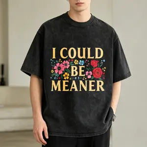 Men's Vintage Washed T-Shirt I Could Be Meaner Floral Pattern Oversized Graphic Tee Outdoor Casual Short Sleeve