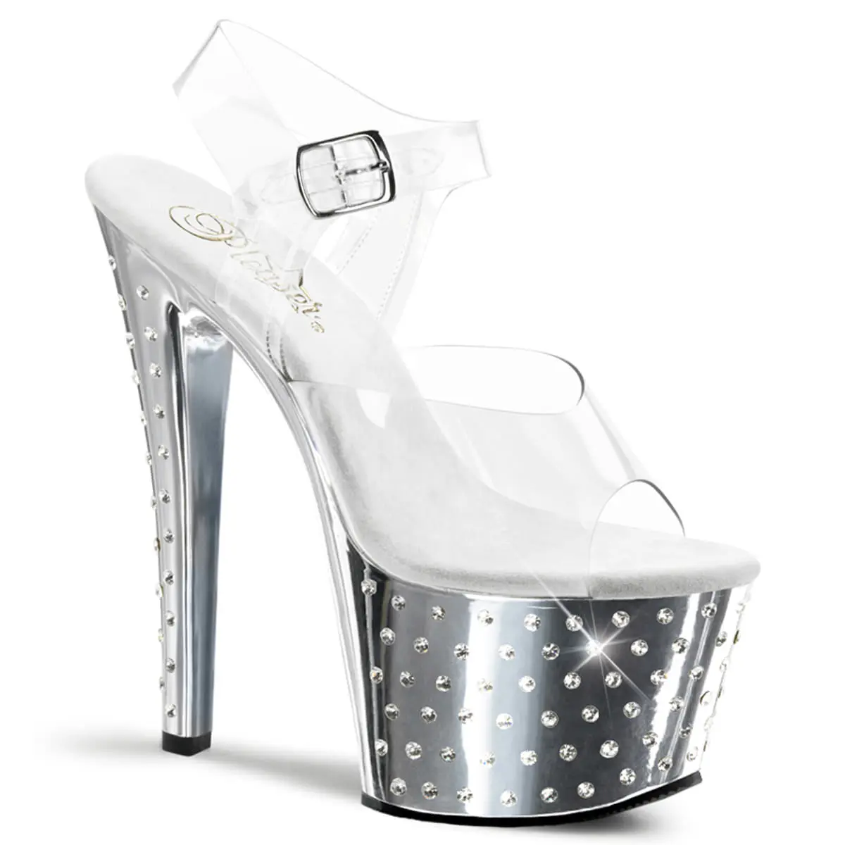 Women's Classy High Heel Sandals - STARDUST-708, 7in Clear-Silver Chrome Platform Comfortable Heels with Decor Accents, Fashion Apparel Statement Shoes, High Heels, Stylish