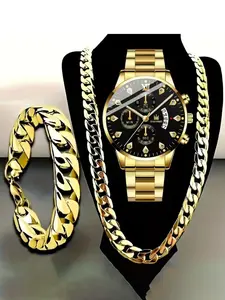 Men's Quartz Trendy Watch Set with Necklace & Bracelet, Matching Jewelry Set, High-Quality Business Fashion, Perfect Gift for Him, All Seasons, Round Analog Face