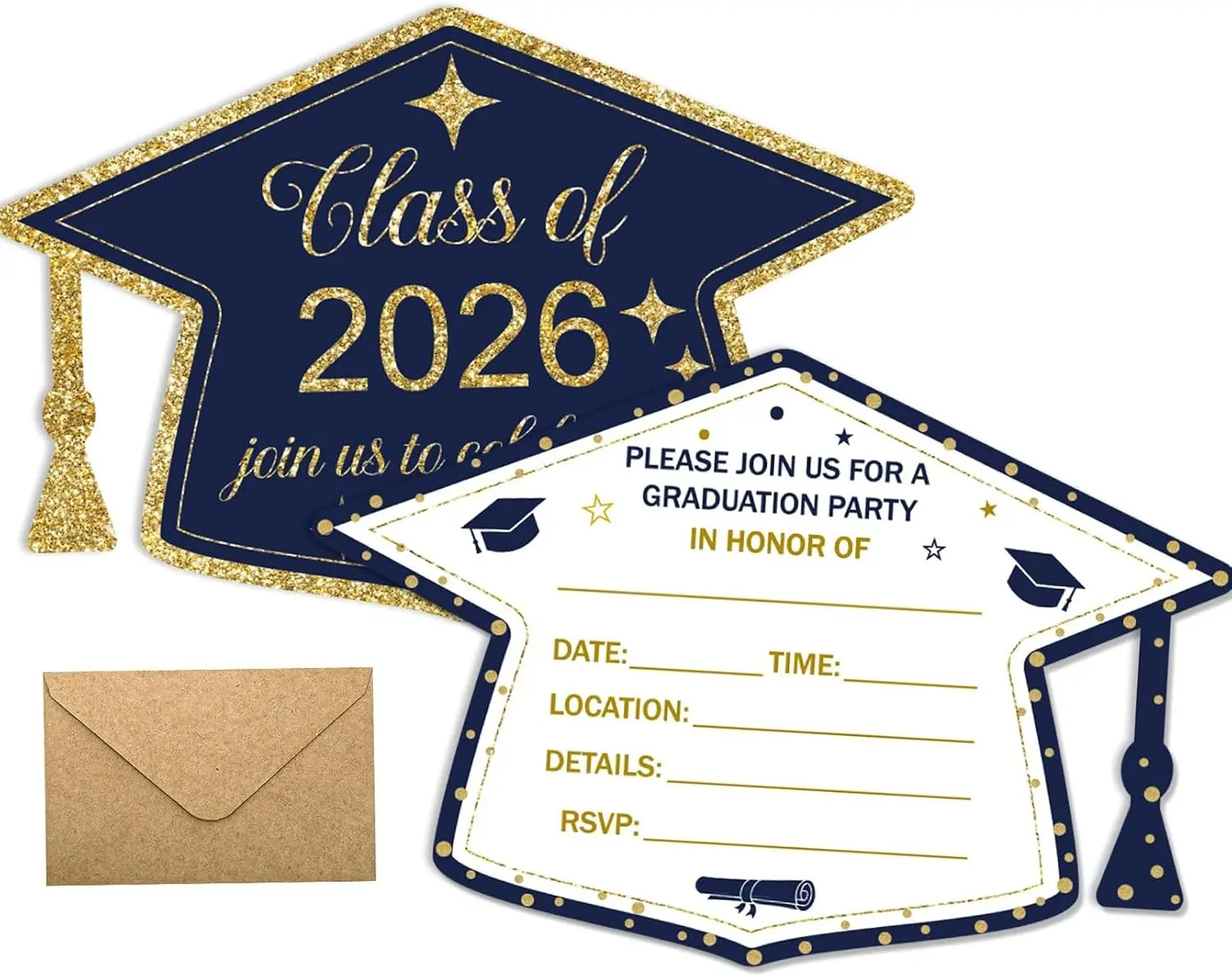 Graduation Invitations 2026 Grad Party Invitations with envelopes 30 Pack, Class of 2026 Graduation Announcements Graduate Invite Cards for College Party Supplies, Navy Blue & Gold