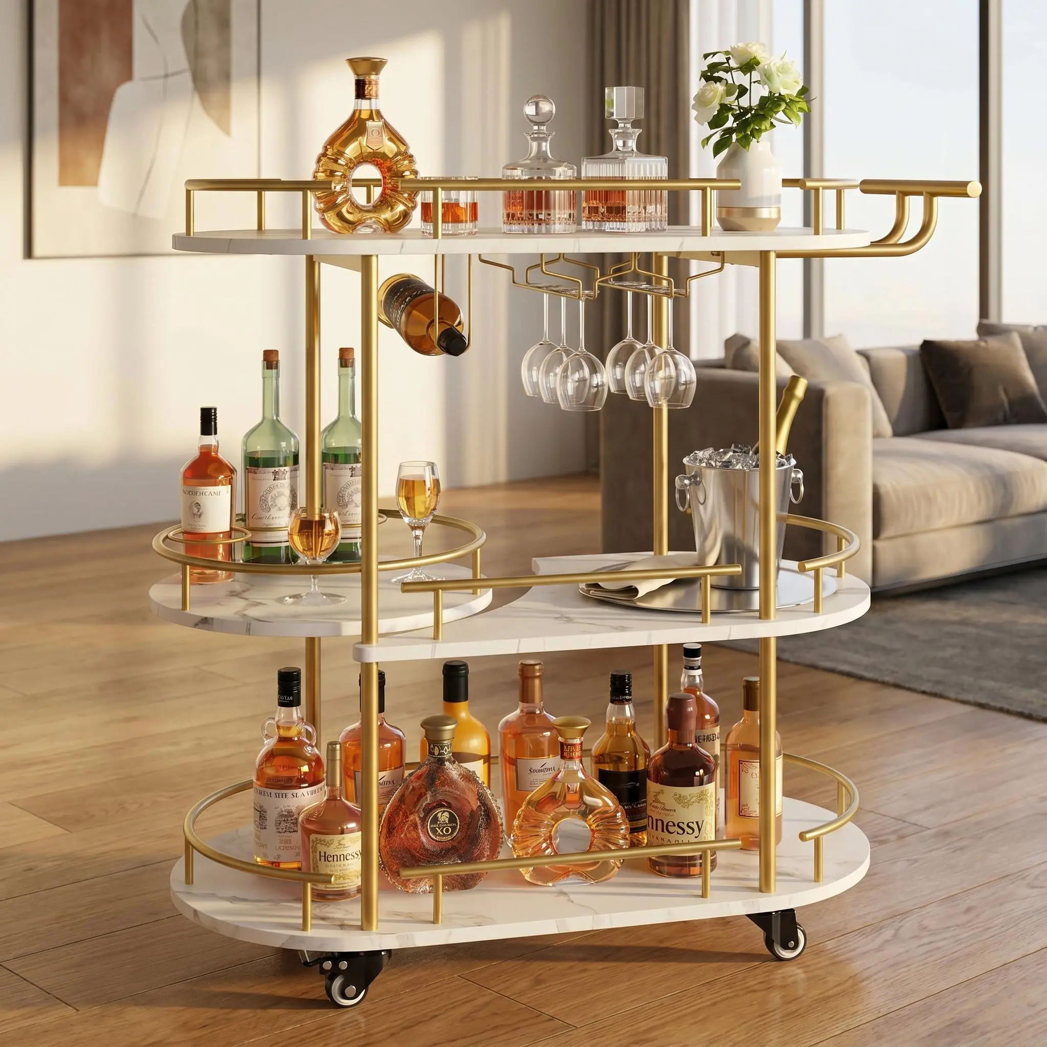 YJ-Garvee Gold Bar Cart with 4-Tier Storage Shelves, Mobile Serving Cart on Wheels Featuring Wine Rack and Glass Holder, Ideal for Kitchen, Living Room, and Dining Room Use