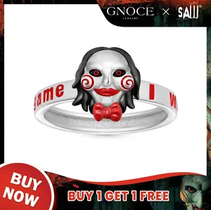 GNOCE 'I want to play a game' Horror Saw Jig billy the Puppet Ring for Women,S925 Sterling Silver Ring for Her Wife, Halloween, Mother’s Day Jewelry Gift