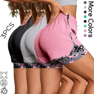 3-Pack Women's Anti-Chafe Running Shorts - 2-in-1 Double Layer Gym Shorts with Camo Design