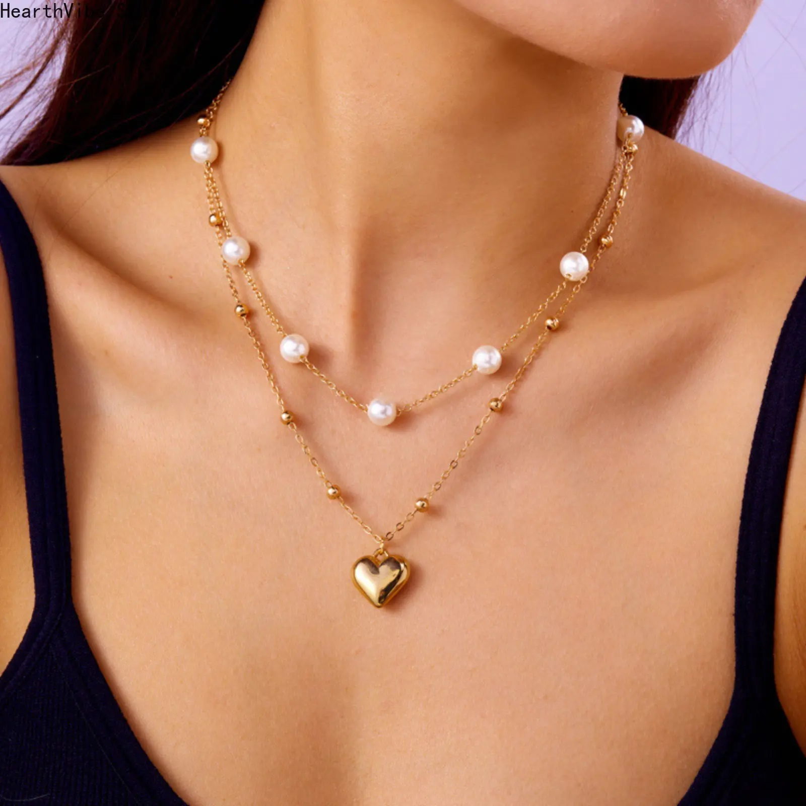 Women's 2-Piece Layered Necklace Set, Coquette Style Pearl Adjustable Choker and Dainty Heart Pendant, Hypoallergenic Everyday Jewelry, Dainty Layering Jewelry, Birthday, Casual, Two Piece Set