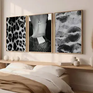 Sexy Leopard Print Canvas Poster Set, Modern Wall Art Decor, Framed Lipstick Kiss Backdrop Design, Home Decoration, Decoration Items