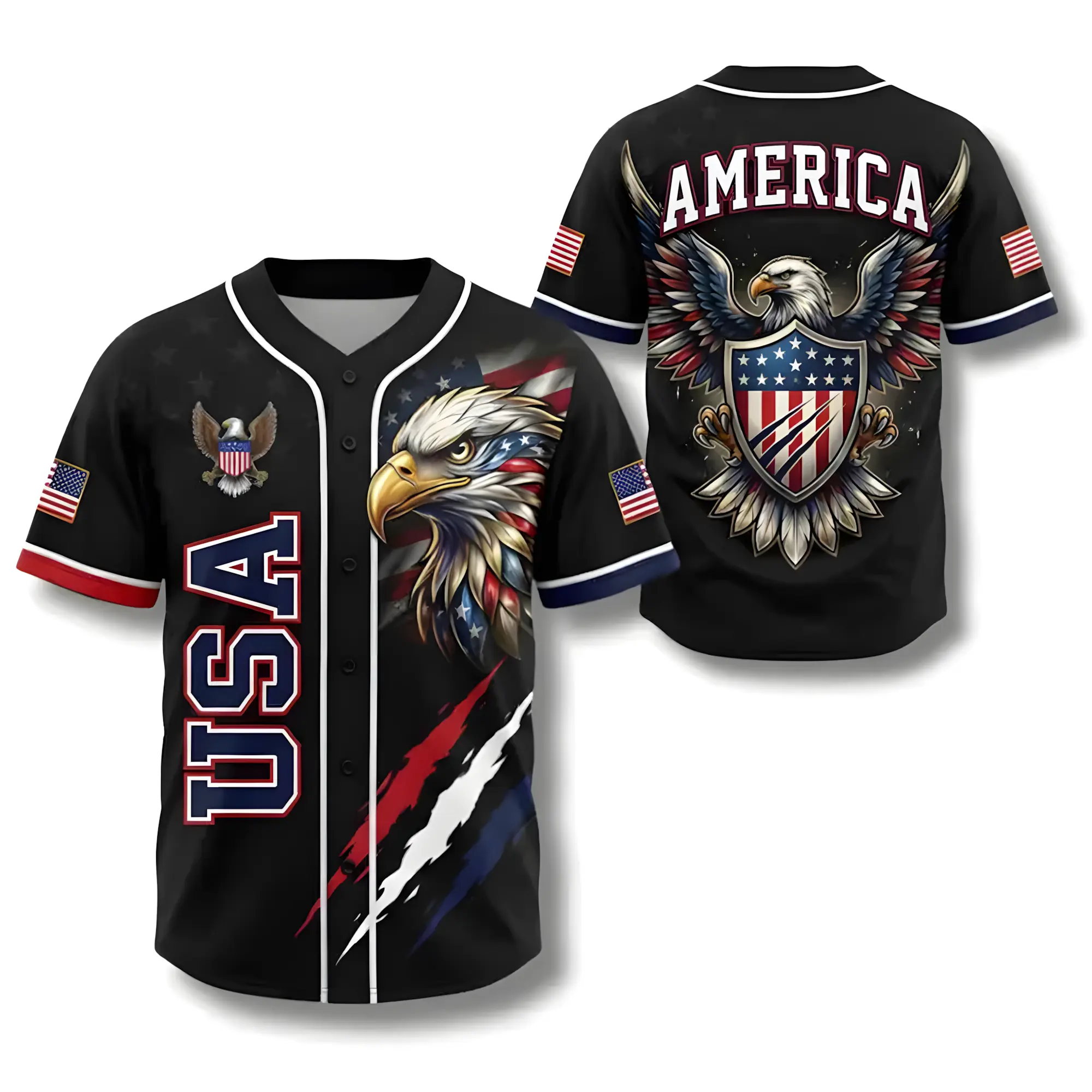 USA Eagle All Over Print Baseball Jersey, Patriotic Button Up Shirt, USA 250 Years Baseball Jersey, 1776–2026 Semiquincentennial Patriotic Jersey, Gift Fan Sportswear Top